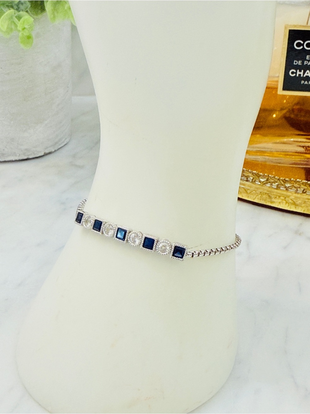 Signed SUN R&M Sterling Silver Blue and White Saphire Adjustable Tennis Bracelet - Picture 4 of 17